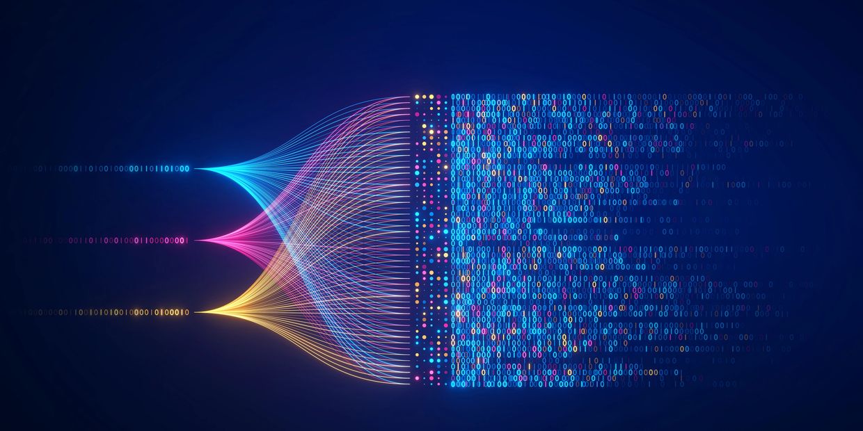 Multicolored data streams converging into a binary code matrix representing AI data fusion