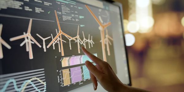 Hand interacting with touchscreen showing wind turbine network and data charts for AI organizational