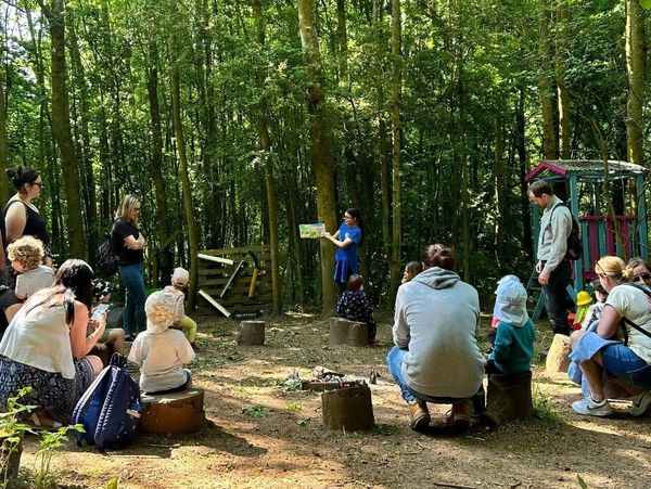 A community of people doing activities in the forest