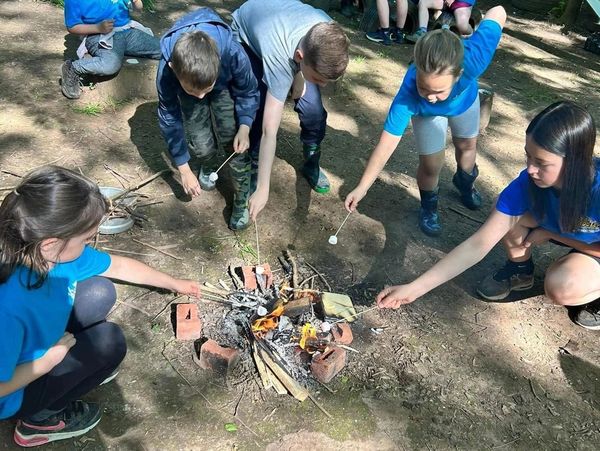 A group of kids melting their marshmallows above a fire