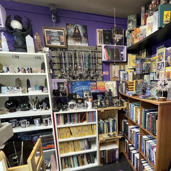 Enchanting display of tarot cards at a metaphysical shop.