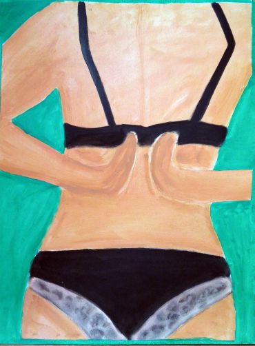 A painting of a woman adjusting her black bra.