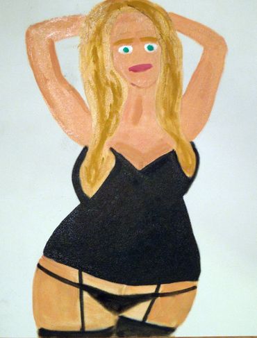 Abstract painting of a woman in black lingerie with blonde hair.