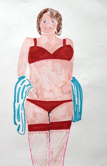 Illustration of a woman in red lingerie with a blue towel.