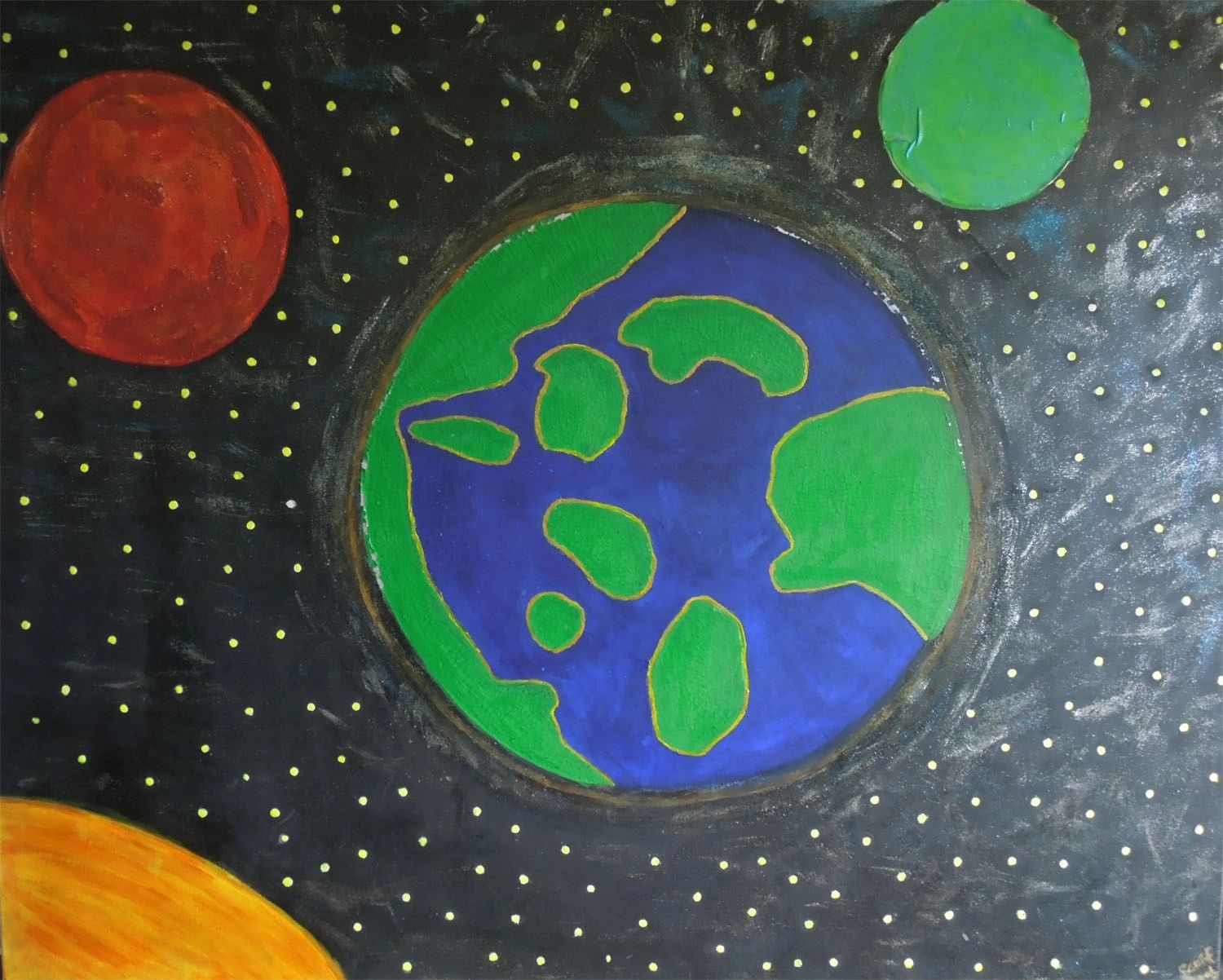 Painting of colorful planets in space with stars.