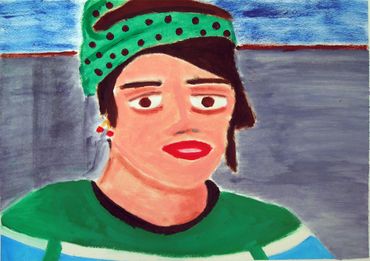 Abstract portrait of a person with a green headscarf.