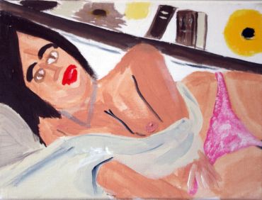 Painting of a woman lying on a bed in pink underwear.