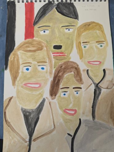 Abstract portrait of four people with bold features.