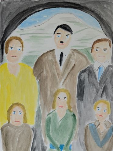 Watercolor painting of six people with a mountain background.