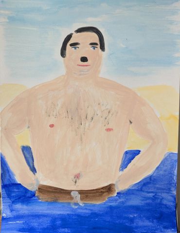 Painting of a shirtless man with a mustache at the beach.