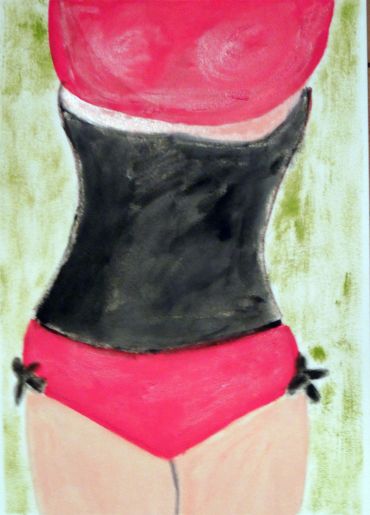 Abstract painting of a woman's torso in a black corset and red underwear.