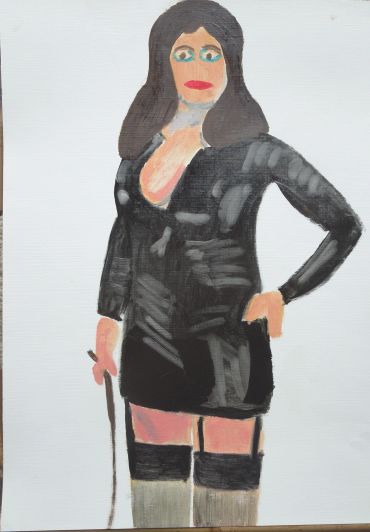 Painting of a woman in black dress with long hair.