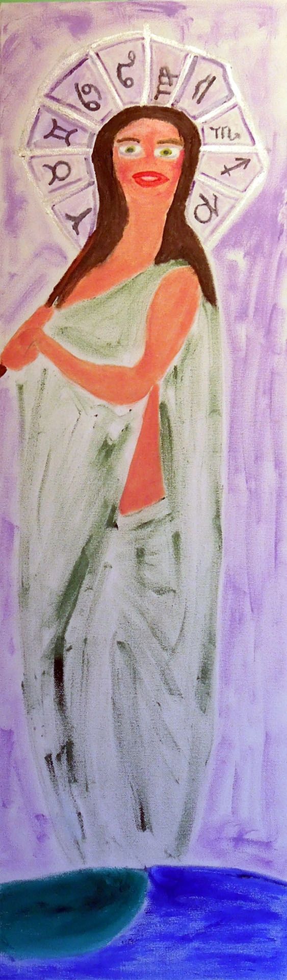 Painting of a woman with zodiac symbols behind her.