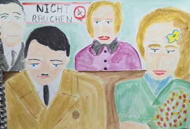 Painting of people with a no-smoking sign.