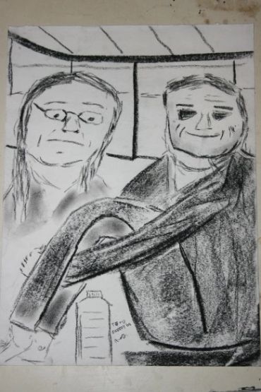 Charcoal sketch of two people indoors, one stretching out an arm.