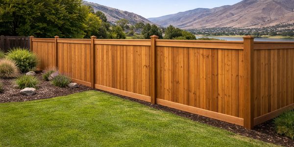A wooden privacy fence surrounding a green lawn with mountains in the background.
