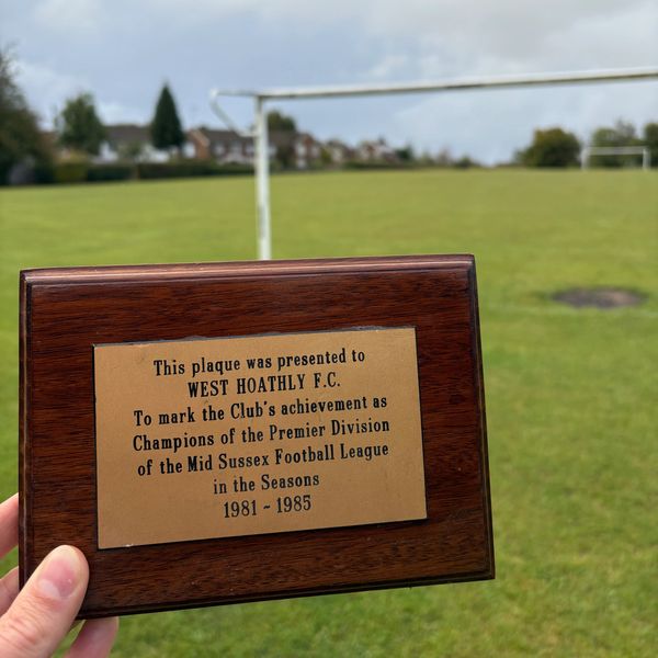 Plaque honoring West Hoathly F.C. as Mid Sussex Football League champions from 1981 to 1985.