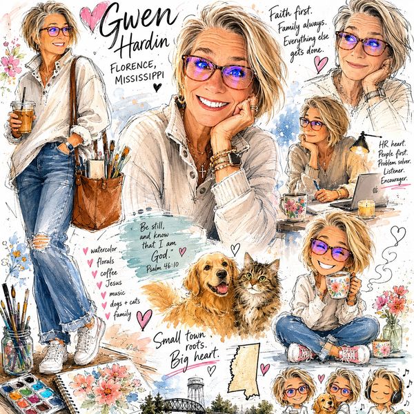 Gwen Hardin is from Florence, Mississippi, showcasing her faith, family, art, and love for pets.