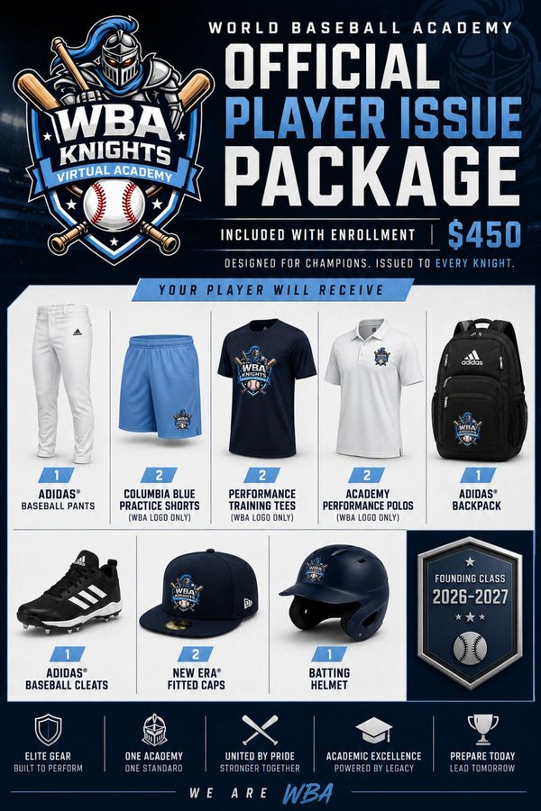WBA Knights baseball official player issue package with gear and apparel.