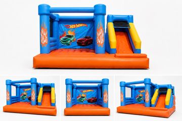 Hot Wheels themed inflatable bounce house with slide.