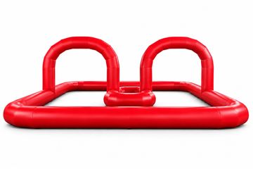 Red inflatable barrier with arches on white background.