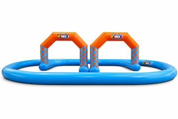 Inflatable racetrack setup with blue base and orange arches.