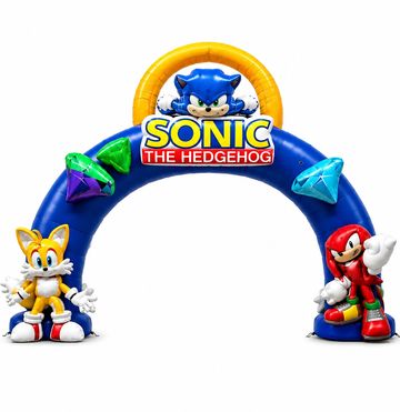 Sonic the Hedgehog-themed inflatable arch with characters and rings.