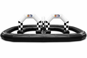 Inflatable NASCAR race track with checkered flags.