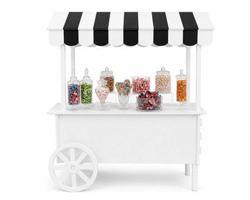 White candy cart with jars of colorful candies.