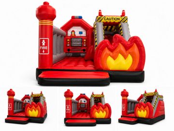 Inflatable fire truck and flames obstacle course for kids.