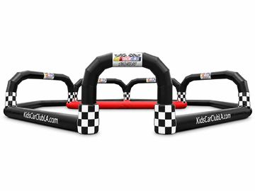 Inflatable racing track with checkered pattern and KidsCarClubLA branding.