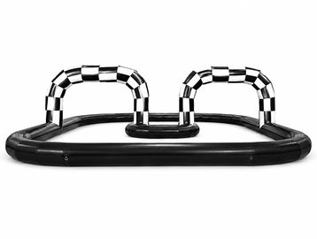 Inflatable black and white race track with checkered arches.