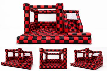 Red and black checkered inflatable bounce house with slide.