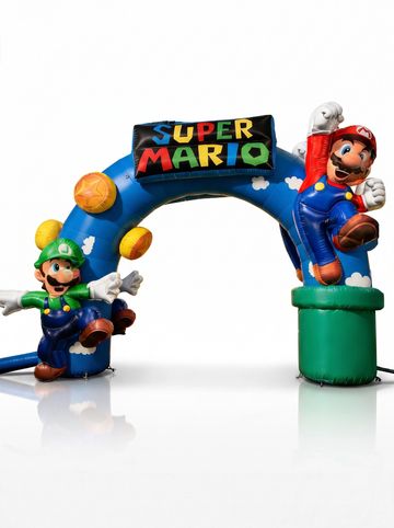 Inflatable Super Mario arch with Mario and Luigi figures.