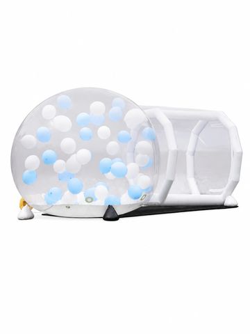 Inflatable transparent bubble and tunnel with white and blue balloons inside.