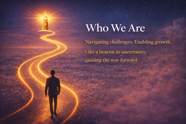 A man follows a glowing path to a lighthouse, symbolizing guidance and growth.