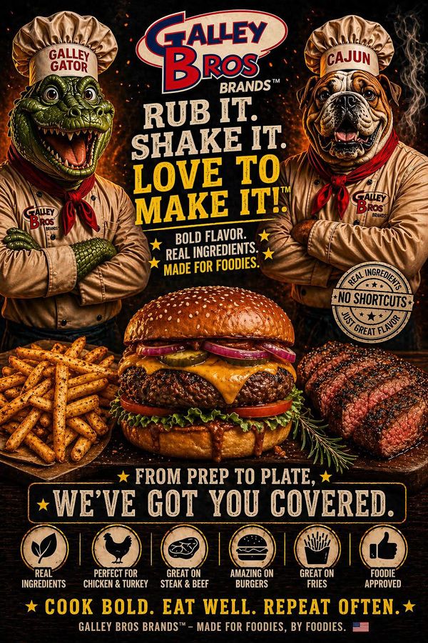 Galley Bros ad with alligator and dog chefs promoting bold flavors and real ingredients.