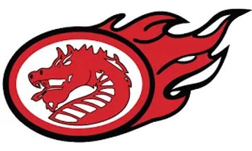 Red dragon logo with flames.