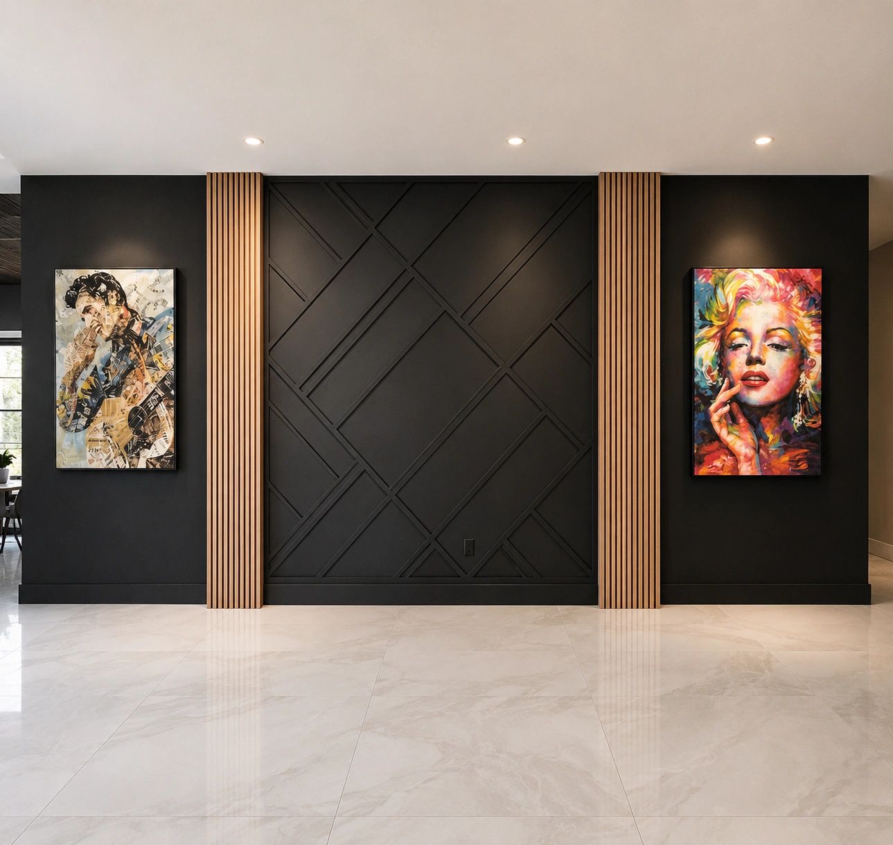 Modern hallway with black textured walls and colorful celebrity portraits.
