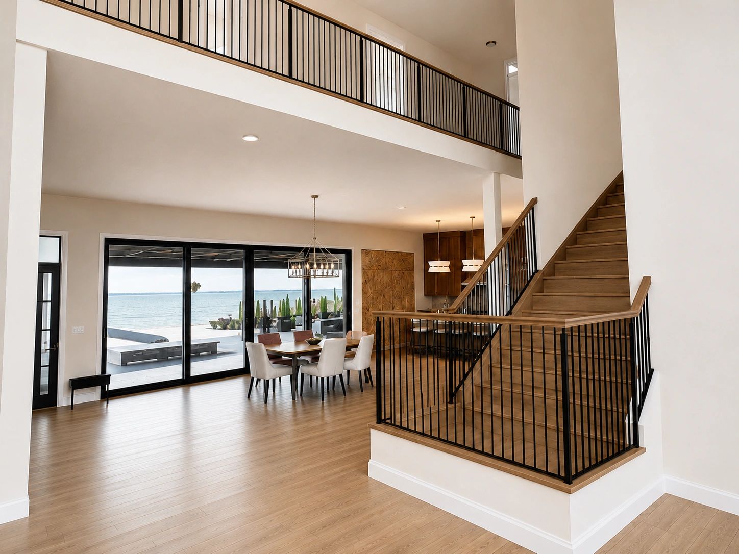 Modern open space with wood floors, staircase, and ocean view dining area.