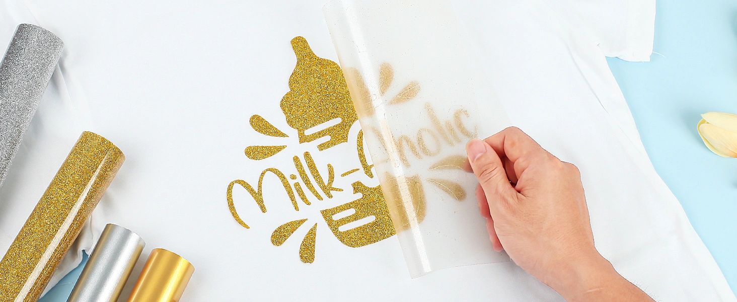 Gold vinyl design on white shirt, custom, heat pressed