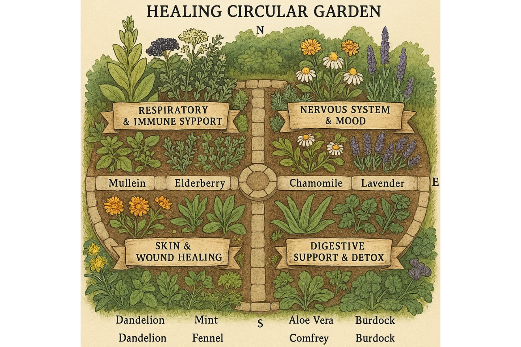 Illustrated circular healing garden with herbs for different health benefits.
