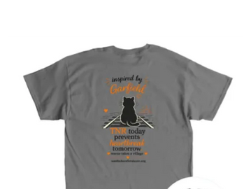 Gray T-shirt with a cat-themed TNR awareness design on the back.