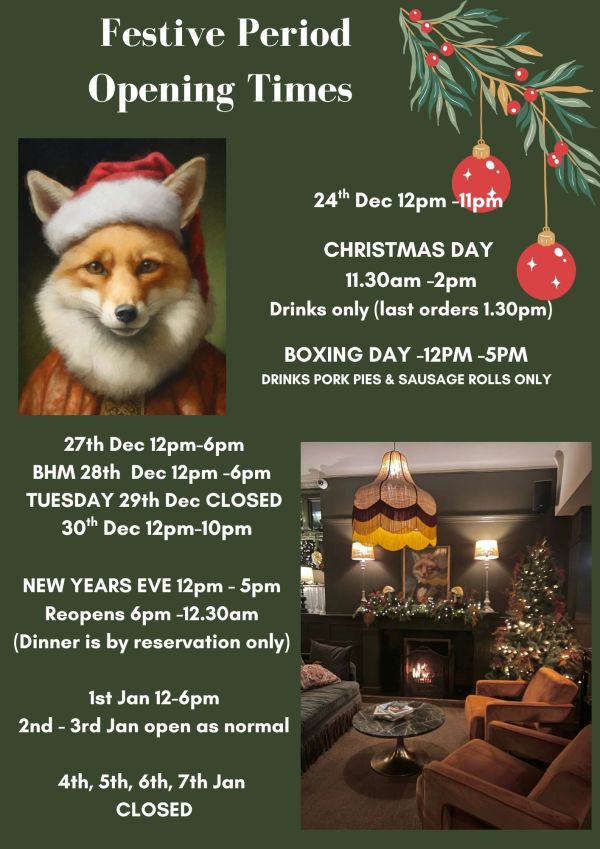 Festive period opening times with Christmas-themed images.