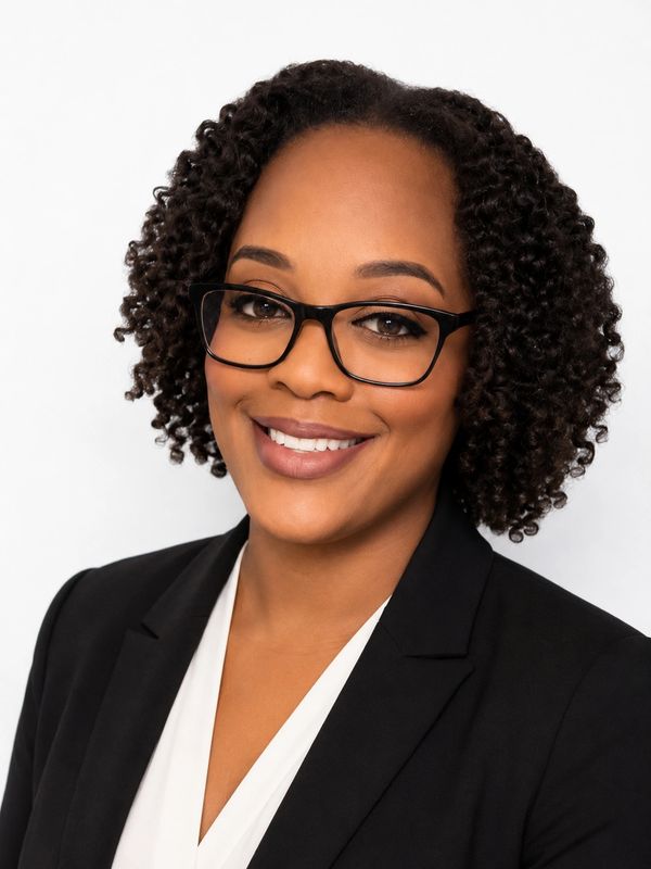 Professional woman with curly hair and glasses smiling confidently.
