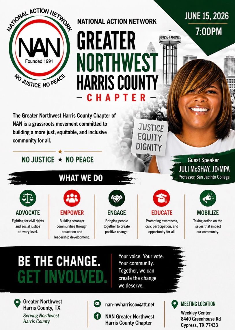 Flyer for NAN Greater Northwest Harris County Chapter meeting with guest speaker Juli McShay on June 15, 2026.