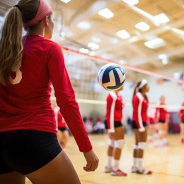 Volleyball players warming up on court.