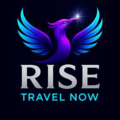 A vibrant phoenix logo with the text 'RISE TRAVEL NOW' in modern fonts.