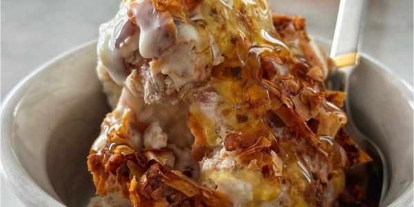 A creamy dessert topped with honey and toasted flakes.