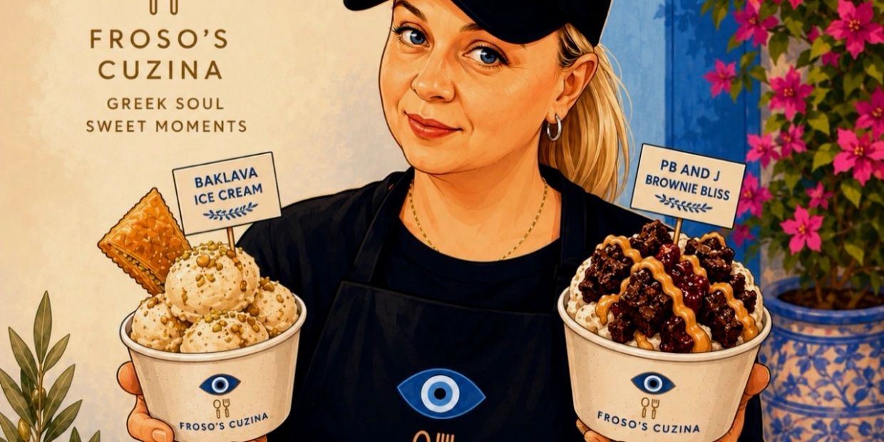 Woman holding two cups of Greek desserts from Froso's Cuzina.